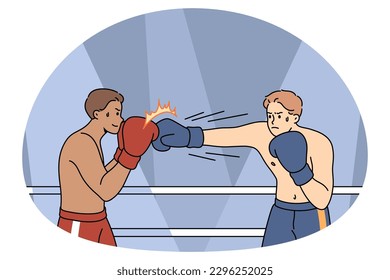 Boxeadores hombres con guantes pelean en el anillo cuadrado. Fuertes y poderosos deportistas o luchadores compiten en el boxeo Muay Thai. Combatir el concepto deportivo. Ilustración vectorial plana.