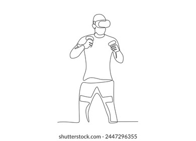 Male boxing athlete training while using VR.Future athletes one-line drawing