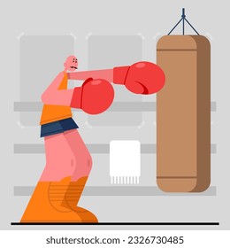 Male in boxing gloves performs punches in punching bag. Time for morning workout. Active and healthy lifestyle. People engaged in boxing. Vector flat illustration in orange color