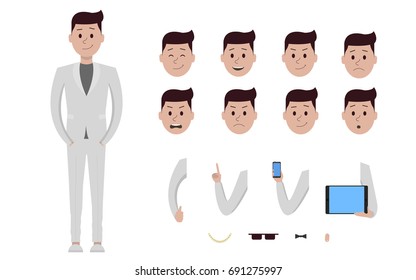 Male boy man character in business suit creation constructor set. Different views, emotions, gestures, isolated against white background. Build design. Cartoon flat-style infographic illustration
