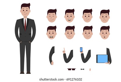 Male boy man character in business suit creation constructor set. Different views, emotions, gestures, isolated against white background. Build design. Cartoon flat-style infographic illustration
