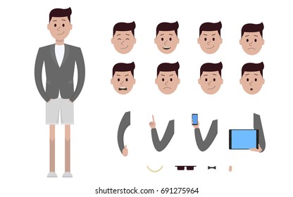 Male boy man character in jacket and shorts creation constructor set. Different views, emotions, gestures, isolated against white background. Build design. Cartoon flat-style infographic illustration
