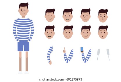Male boy man character in striped  sweater and shorts creation constructor set. Different emotions, gestures, isolated against white background. Cartoon flat-style infographic illustration design.

