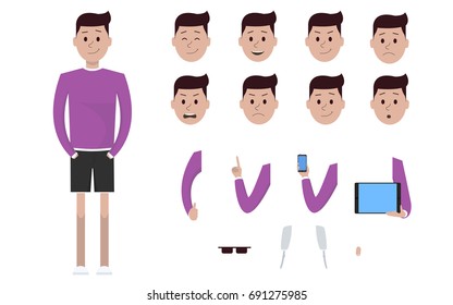 Male boy man character in sweater and shorts creation constructor set. Different views, emotions, gestures, isolated against white background. Cartoon flat-style infographic illustration design.
