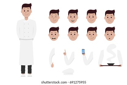 Male boy man cook chef character creation constructor set. Different views, emotions, gestures, isolated against white background. Build design. Cartoon flat-style infographic vector illustration
