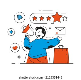 Male Brand Ambassador Talking Announcement At Megaphone Business Promo Advertising Vector Flat Illustration. Man Mass Media Influencer Representative Trademark Marketing Strategy Promo Message