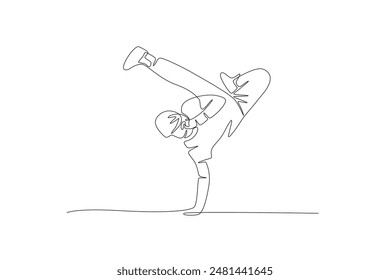 Male break dancer standing with one hand and holding a hat. Break dancing concept one-line drawing