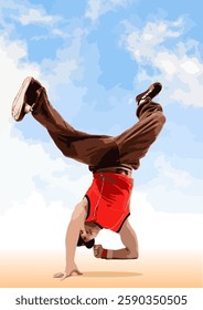 Male breakdancer performing a headspin or freeze on one hand under blue sky, showing balance, strength and skill. Hand drawn Illustration