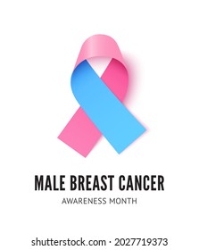 Male breast cancer awareness ribbon symbol. Realistic blue and pink silk ribbon