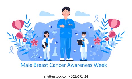 Male Breast Cancer Awareness Week concept vector. Event is celebrated in October.Tiny doctors treat man. Flower, leaves are shown on the background.