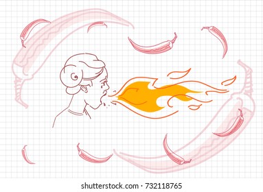 Male Breathing Fire, Hot Chili Pepper Concept Sketch Vector Illustration