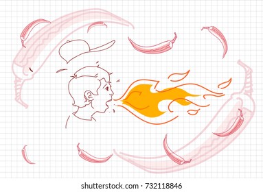 Male Breathing Fire, Hot Chili Pepper Concept Sketch Vector Illustration