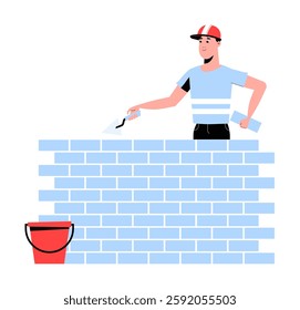 Male Bricklayer Constructing a Wall in Flat Vector Illustration Symbolizing Construction, Manual Labor, and Skilled Trade, Isolated on White Background