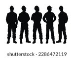 Male bricklayer silhouette bundles wearing construction uniforms vector. Male Mason silhouette collection with different poses. Man construction worker silhouette set standing in different poses.