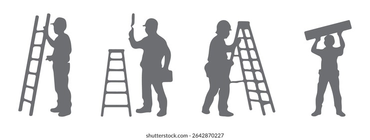 Male bricklayer silhouette collection. Construction workers wearing uniforms and standing with equipment. Men bricklayers with anonymous faces. Male Mason silhouette on a white background