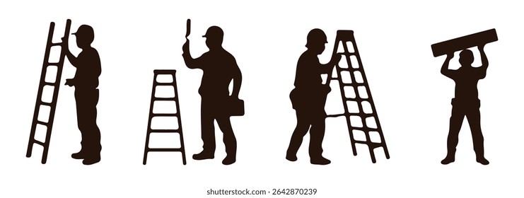 Male bricklayer silhouette collection. Construction workers wearing uniforms and standing with equipment. Men bricklayers with anonymous faces. Male Mason silhouette on a white background