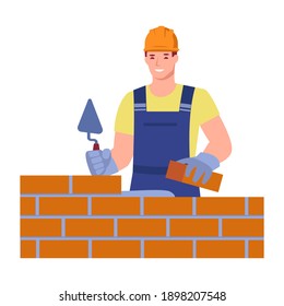 A male bricklayer worker in uniform is building a wall. Bricklayer services. Vector concept. Illustration in flat cartoon style.