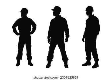 Männliche Maurer mit Uniformen-Silhouette-Set-Vektorgrafik. Moderner Mason-Junge mit anonymen Gesichtern auf weißem Hintergrund. Man Bauarbeiter stehen in verschiedenen Positionen Silhouette Sammlung.