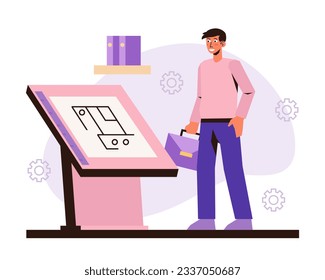 Male with briefcase looking at project of house. Building construction planning. Architect working on project. Process of create house project. Flat vector illustration in purple colors