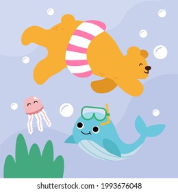 The male brown bear has been working hard all year. The long weekend that came, he booked a trip to travel to the sea. Today he enjoyed swimming in the sea. He also encountered dolphins and jellyfish.