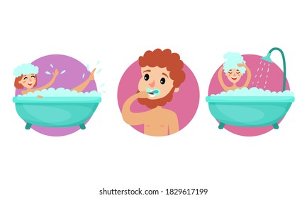 Male Brushing His Teeth and Female Bathing in Bathtub Vector Illustration Set