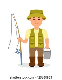 Male with a bucket and a fishing rod. Isolated vector illustration fisherman in uniform.