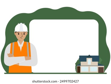 Male builder against the background of a large poster or advertisement, a small house nearby. Construction, repair, building work, service. Vector flat illustration