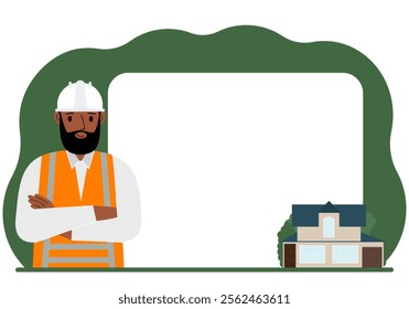 Male builder against the background of a large poster or advertisement, a small house nearby. Building work, service.