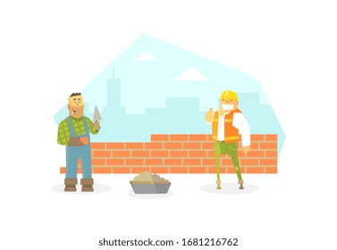 Male Builder Buiding Brick Wall, Construction Worker Character Flat Vector Illustration, Web Design.