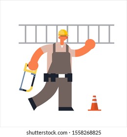 male builder carrying ladder and hacksaw busy workman industrial construction worker in uniform building concept flat full length vector illustration