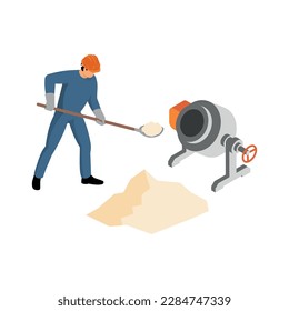 Male builder and cement mixer machine at construction site 3d isometric vector illustration