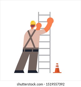 male builder climbing ladder busy workman industrial construction worker in uniform building concept rear view flat full length