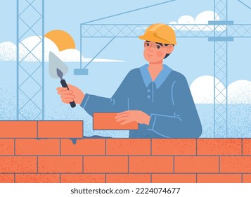 Male builder concept. Man in protective helmet builds house from caviar of furnaces, engineer and worker at workplace. Design and construction of houses and buildings. Cartoon flat vector illustration