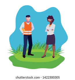 male builder constructor with afro woman engineer