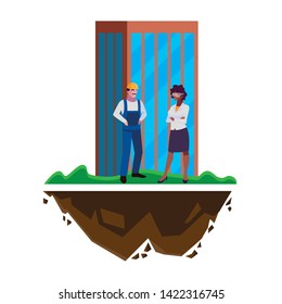 male builder constructor with afro woman engineer and building