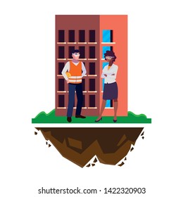 male builder constructor with afro woman engineer and building