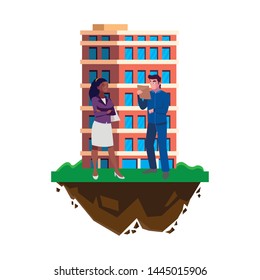 male builder constructor with afro woman engineer and building