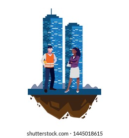 male builder constructor with afro woman engineer and building