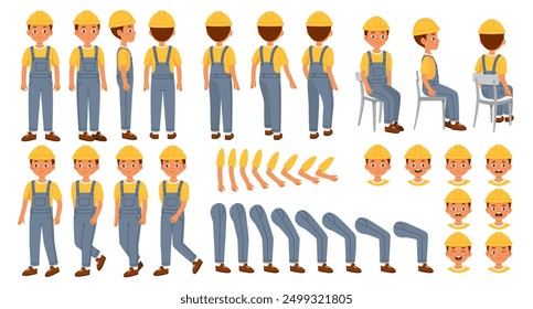 Male builder constructor. Happy man in hardhat. Pack of legs, hands and faces for creating cartoons. Construction and architecture. Flat vector collection isolated on white background