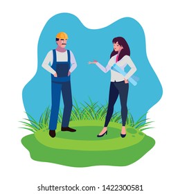 male builder constructor with woman engineer