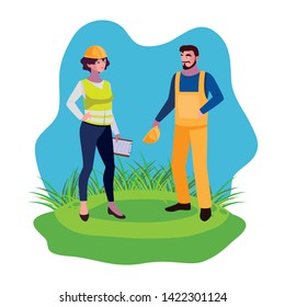 male builder constructor with woman engineer