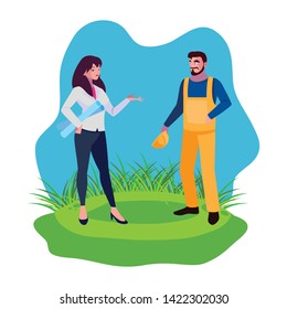 male builder constructor with woman engineer