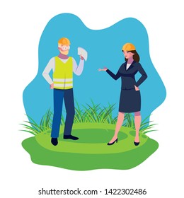male builder constructor with woman engineer