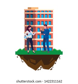 male builder constructor with woman engineer and building