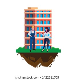 male builder constructor with woman engineer and building