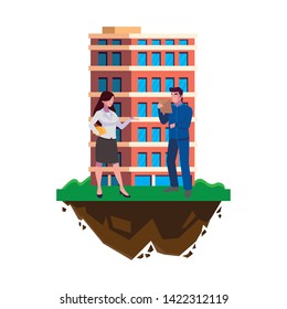 male builder constructor with woman engineer and building