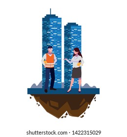 male builder constructor with woman engineer and building