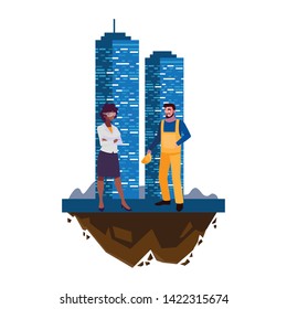 male builder constructor with woman engineer and building