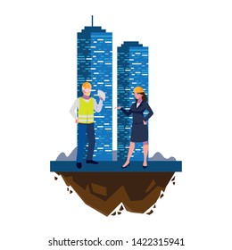 male builder constructor with woman engineer and building