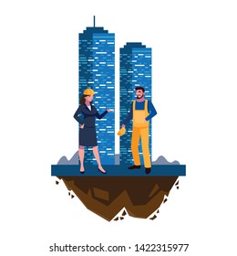 male builder constructor with woman engineer and building